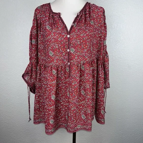 Max Studio Women's Red Floral Lightweight Long Sleeve Boho Tunic Top 1X - Picture 1 of 10